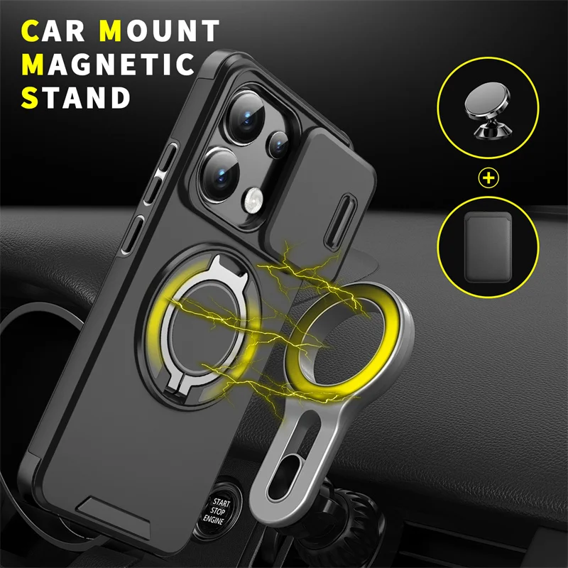 Para xiaomi poco m6 pro 4g caso lente deslizante proteger armadura funda para pocom6pro pocus pequeno m 6 pro m6pro anel magnético suporte capa