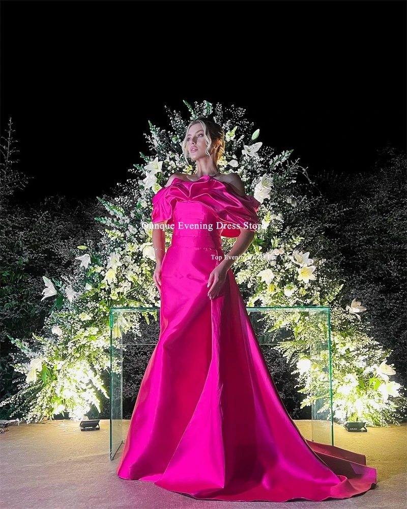 Qunque Fuchsia Evening Dress For Party Satin Off the Shoulder Sleeves Pleats Customized Mermaid Prom Gowns Train Celebrity Dress