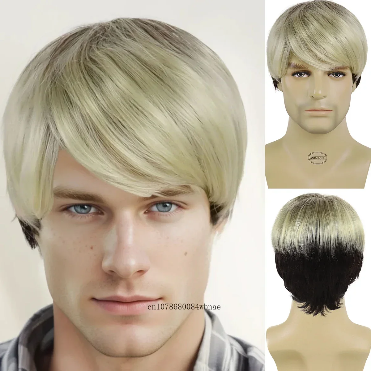 Short Light Blonde Synthetic Haircuts Wigs for Men Straight Dark Brown Mixed Gold Wig with Bangs Daily Fancy Dress Party Cosplay