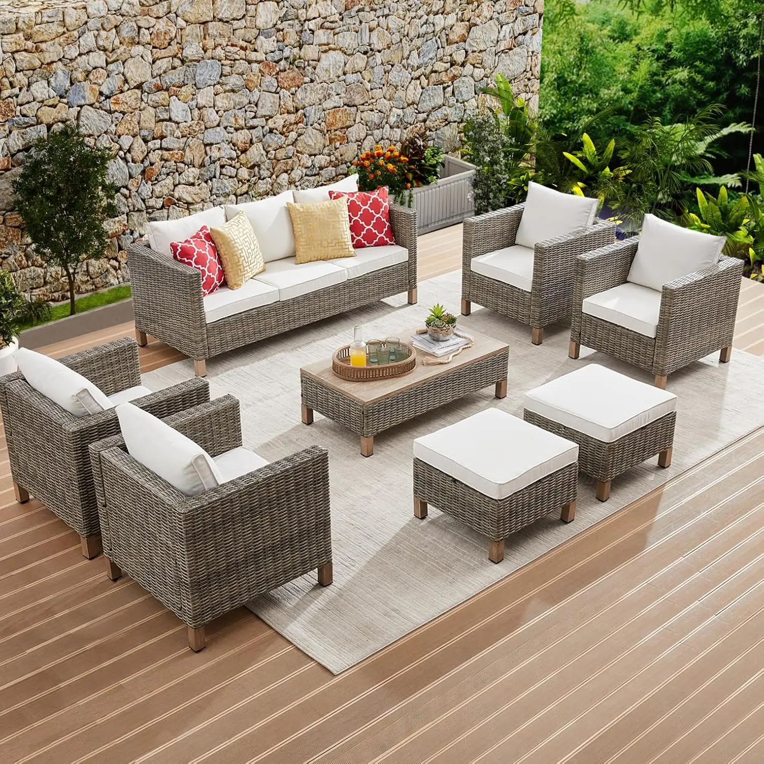 Terrassenmöbel-Sets mit Metallplatte Couch tisch, Korb Rattan Sofa Gartenmöbel Set für Veranda, Pool, Garten