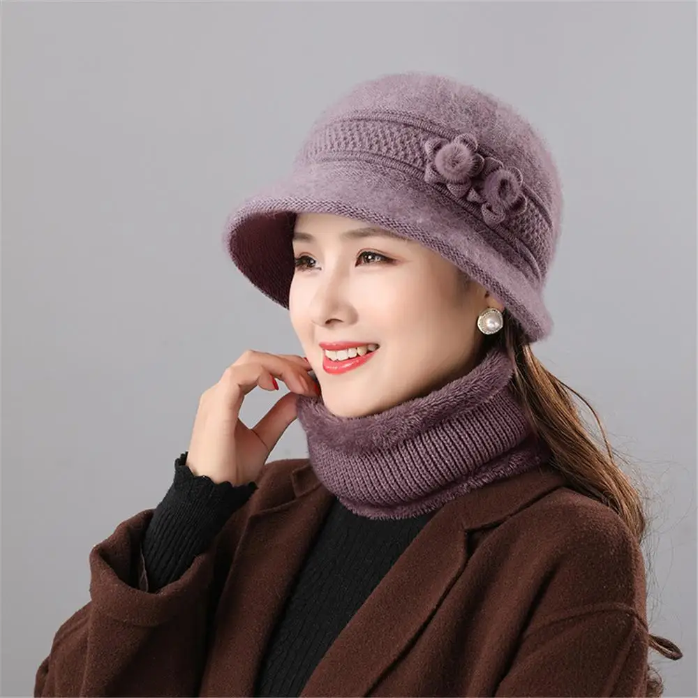 Warm Women's Hat and Scarf Set Windproof Faux Rabbit Fur Fleece-Lined Neck Warmer Thickened Knitted Mom Hat Scarf Two Set