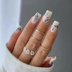 24Pcs White False Nails Mid-length Square Head Fake Nail with Golden Blue Leaves Design Press on Nails Full Cover Nail Tips