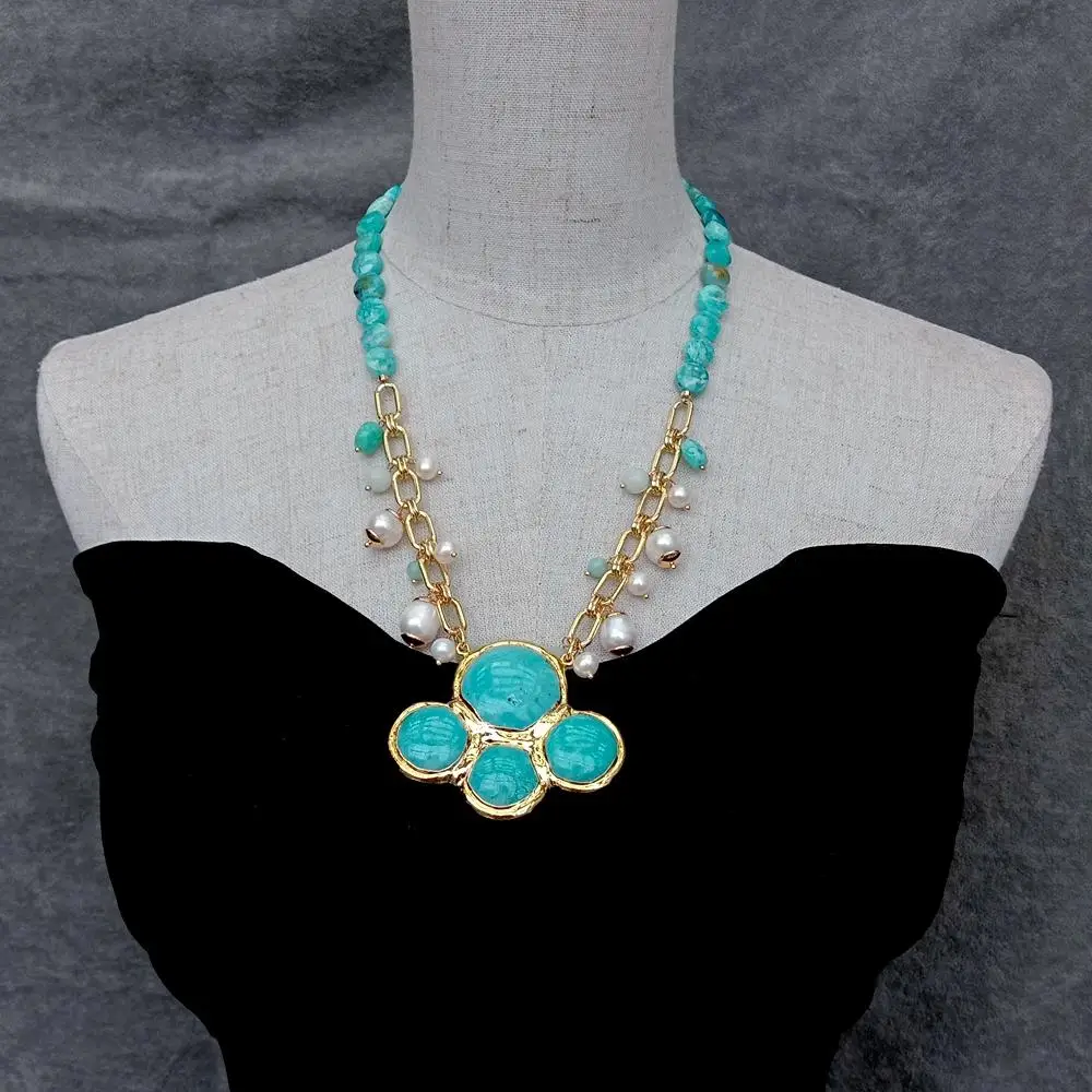 Y·YING Natural Peruvian Amazonite Coin Shape White Pearl Necklace Blue Turquoise Pendant