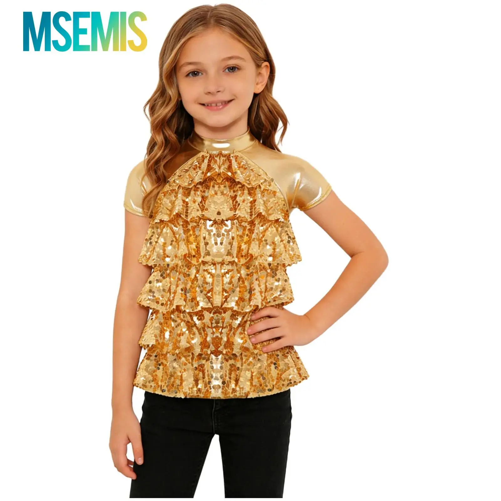 Kids Girls Sequins Ballet Dance Top Metallic Glossy Performance Costumes Short Sleeve Shiny Sequins Mesh Tiered Back Cut Top