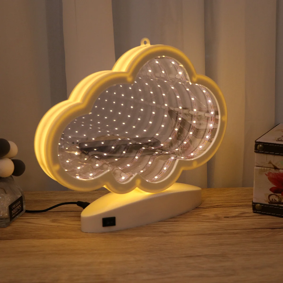 ضعف الجانب USB نفق مصباح سحابة شكل LED مرآة سطح ثلاثية الأبعاد ضوء الليل مرآة لوضع مساحيق التجميل ديكورات منزلية للزفاف #4