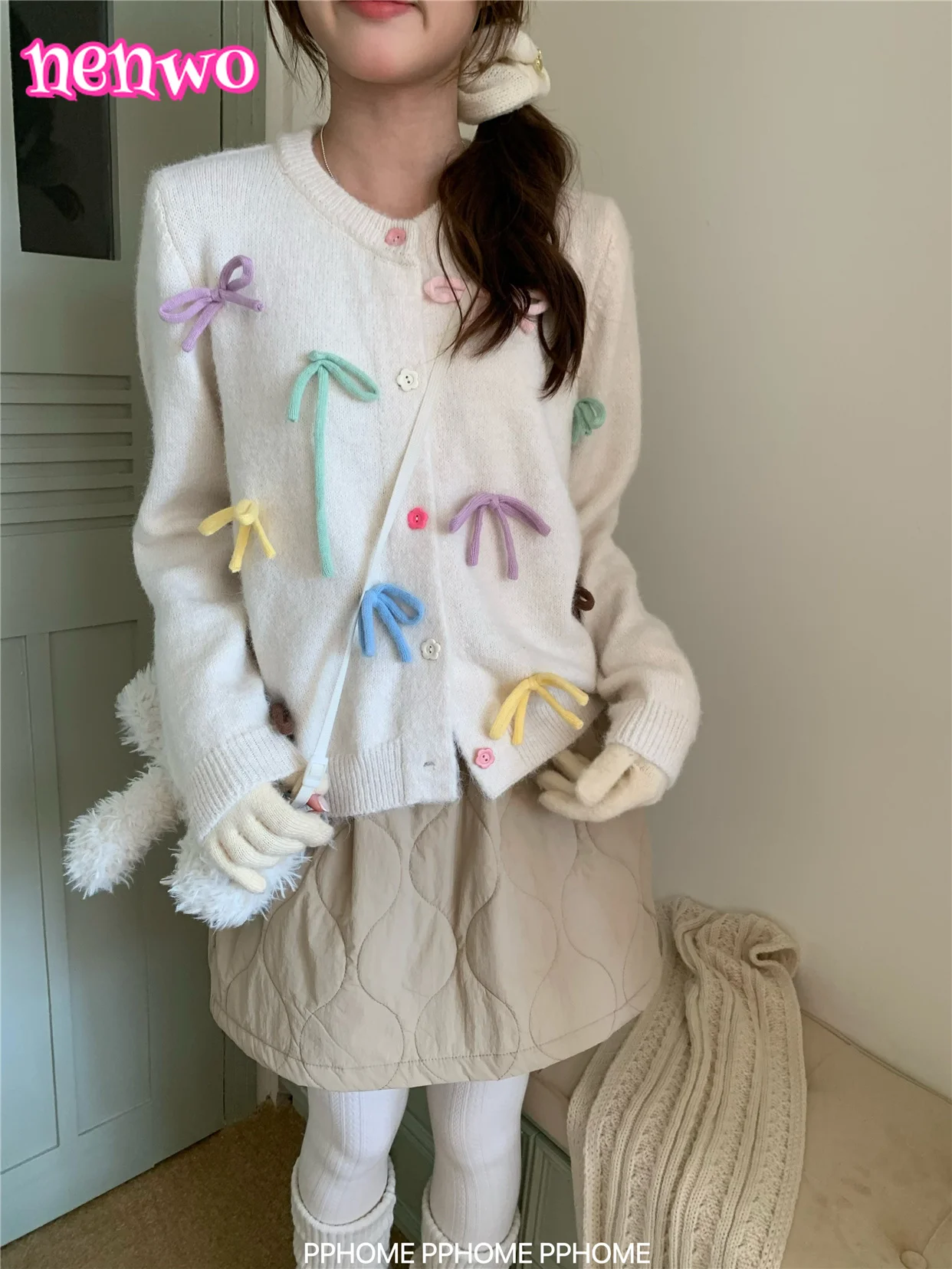 

Autumn Winter New Cute Sweet Bowknot Knitted Cardigan For Women Versatile Single-breasted Trendy Sweater Coat women Cardigan