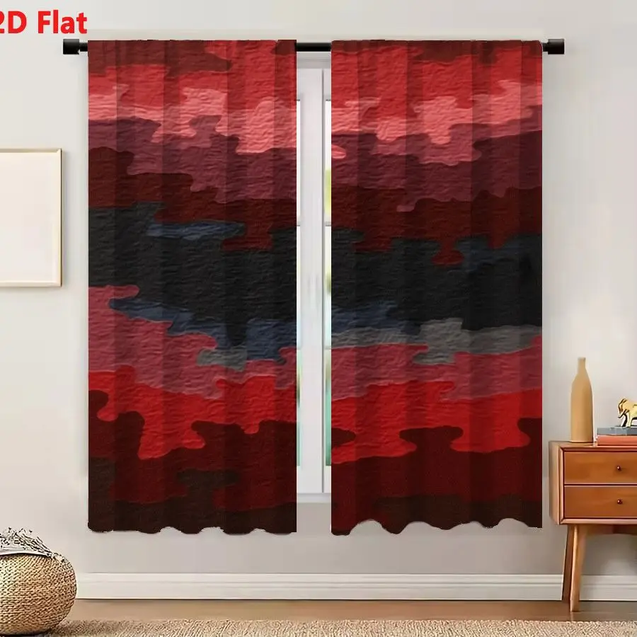 2Pcs Curtains 2D Flat Abstract Red Pink Purple Blue Dark Brown Camouflage-like Pattern Artwork With Overlapping Irregular Shapes