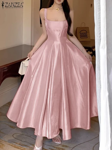 Imagen 2 del producto ZANZEA-Vestidos de fiesta de cóctel de satén blanco elegante para mujer, vestido largo acampanado sin mangas con cuello cuadrado, pliegues invertidos para invitados de boda