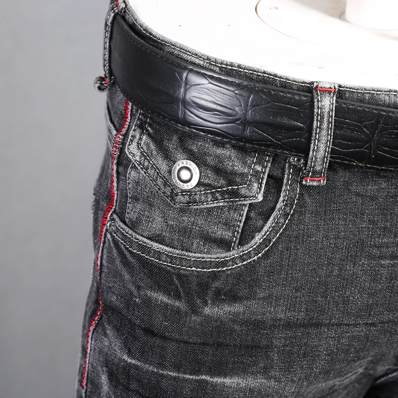 Fashion Trendy Men Jeans Retro Washed Black Gray Elastic Stretch Slim Fit Ripped Jeans Men Vintage Designer Denim Pants Hombre