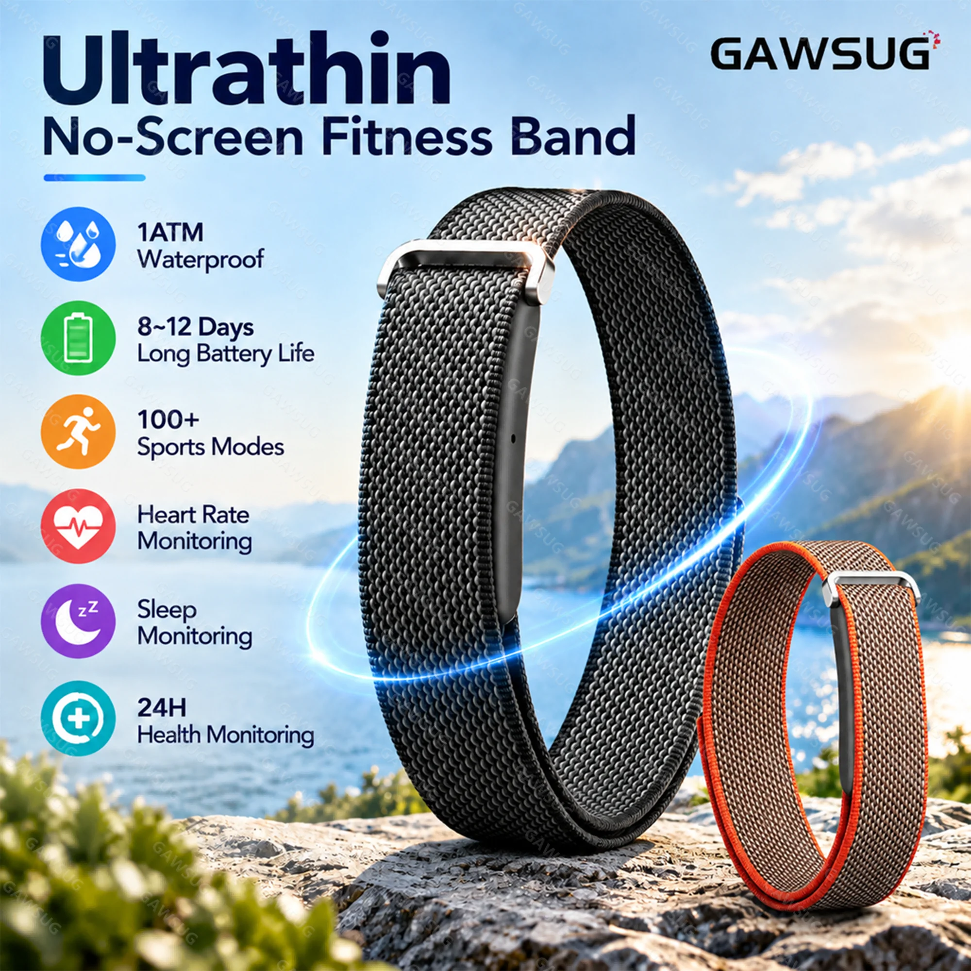 Invisible Smart Band Screenless Fitness Tracker SpO2 Heart Rate Sleep Monitor 100+ Sports IP68 Waterproof Minimalist Smartband