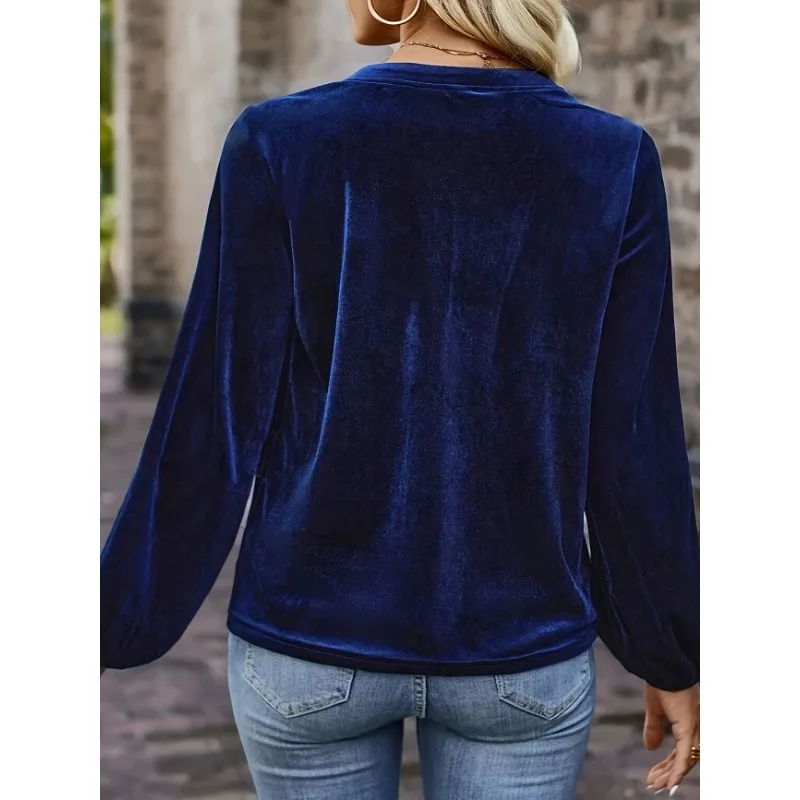 Plus Size 1XL-5XL Camicetta con maniche a lanterna con bottoni a V in tinta unita alla moda da donna Camicia a maniche lunghe comoda e casual allentata