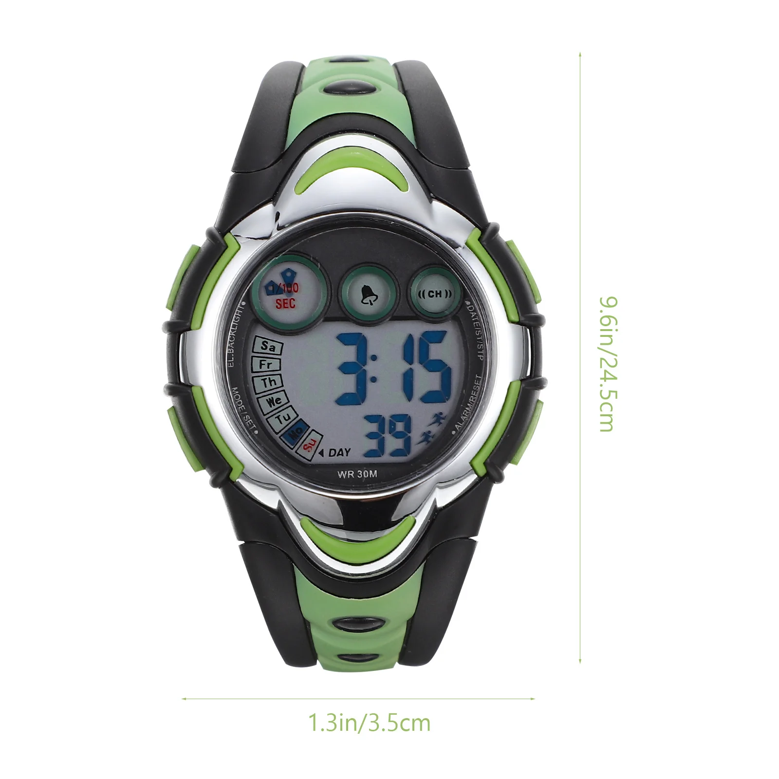 Pse-276 Green Waterproof LED Digital Watch for 30m Durable Hard Plastic Case Rubber Band Supports Month Date Alarm