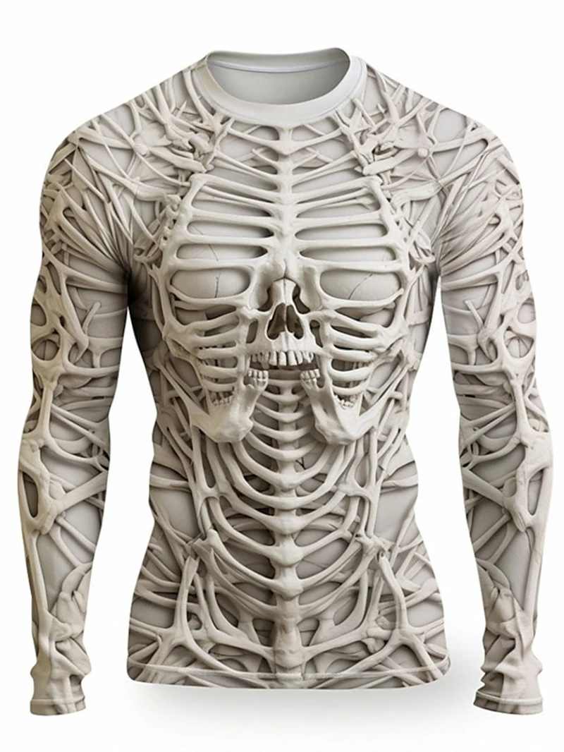 3D Print Skeleton Skulls Pattern T Shirts Men Long Sleeve Casual Fashion T-shirt Top Sweatshirt Breathable Streetwear Loose Tees