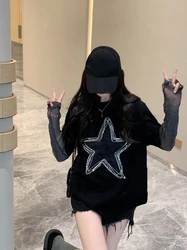 Harajuku Woman Tshirts Heavy Diamond Oversized Tops Patchwork Gauze Fake Two Tees 2023 Ropa Mujer Fashion Summer Y2k T-shirt