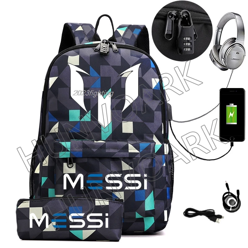 Mochila Messi con cerradura an-ti para hombre y mujer, morral informal para estudiantes de secundaria, capacidad para ordenador portátil, 2 piezas