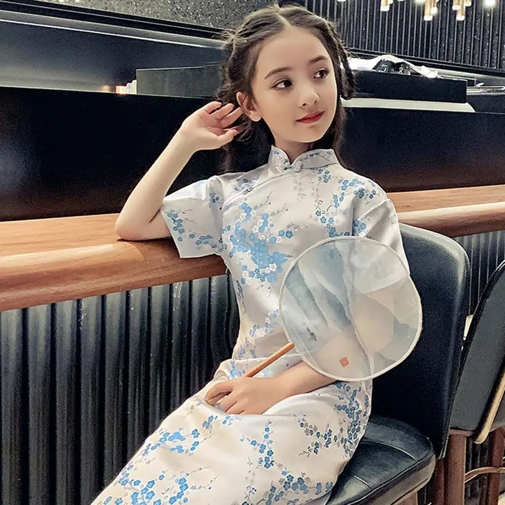 Plum Blossom Pattern Children Cheongsam Short-Sleeved Girls Clothing Kids Girls Flower Skirt Qipao Princess Dress