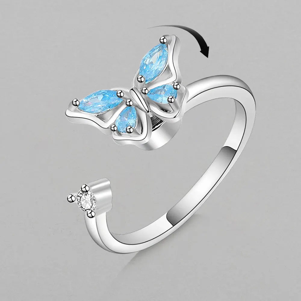 Blue Fidget Spinner Ring Anxiety for Women Multiple Crystal Flower Butterfly Animal Ring Rotate To Anti Stress for Wedding Party