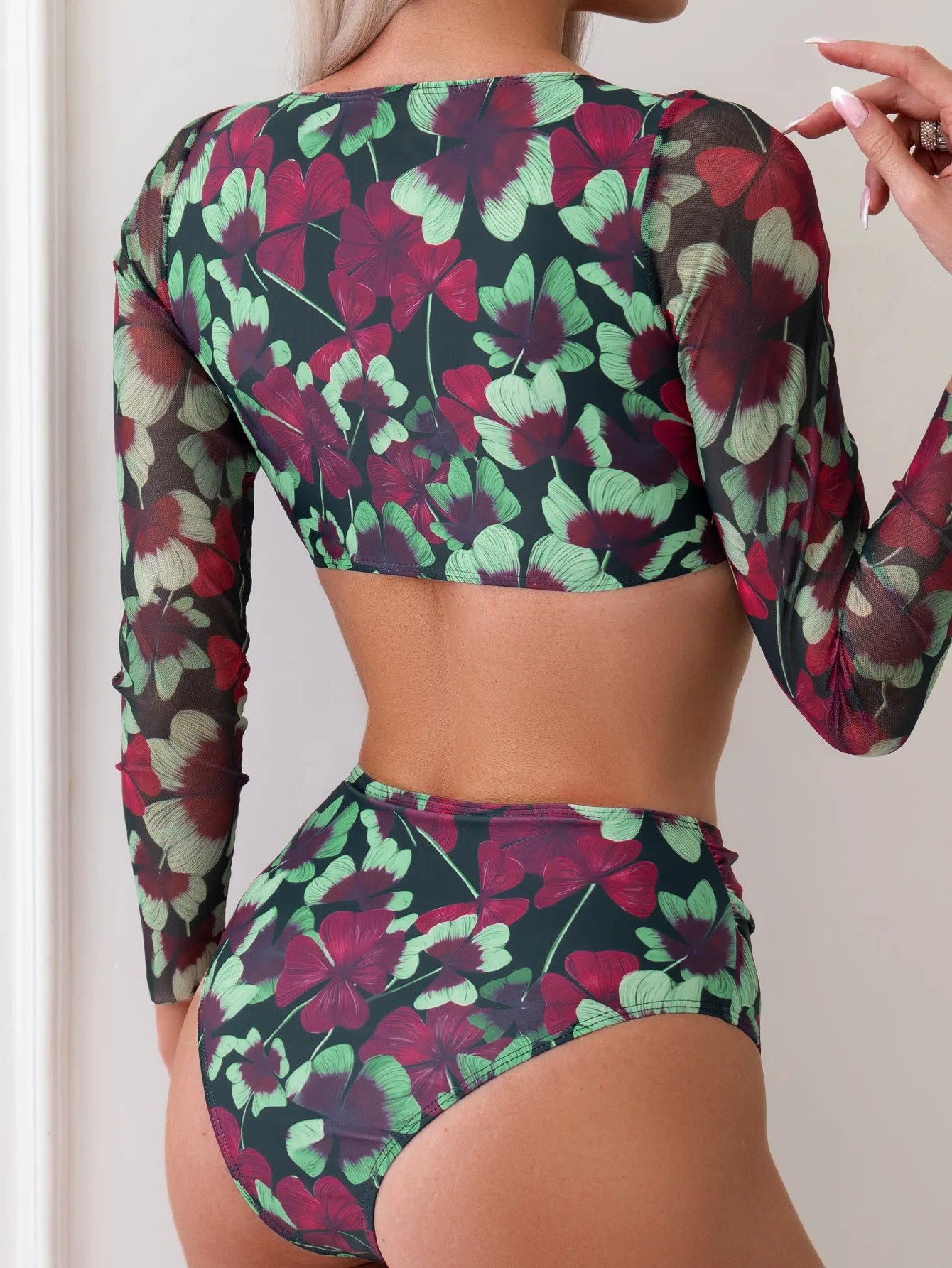 2025 Fashion Sheer Mesh Bikini Set Vintage Printed Long Sleeve Top & High Waist Bottom Summer Two Piece Swimsuit Beach Outfits