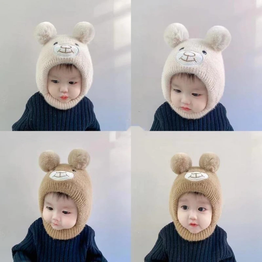 Baby-Mütze für Kinder, warme Ohrenschützer-Strickmütze, weiche, niedliche Wintermütze mit doppelten Bommeln, Kindergeschenke, Winterartikel