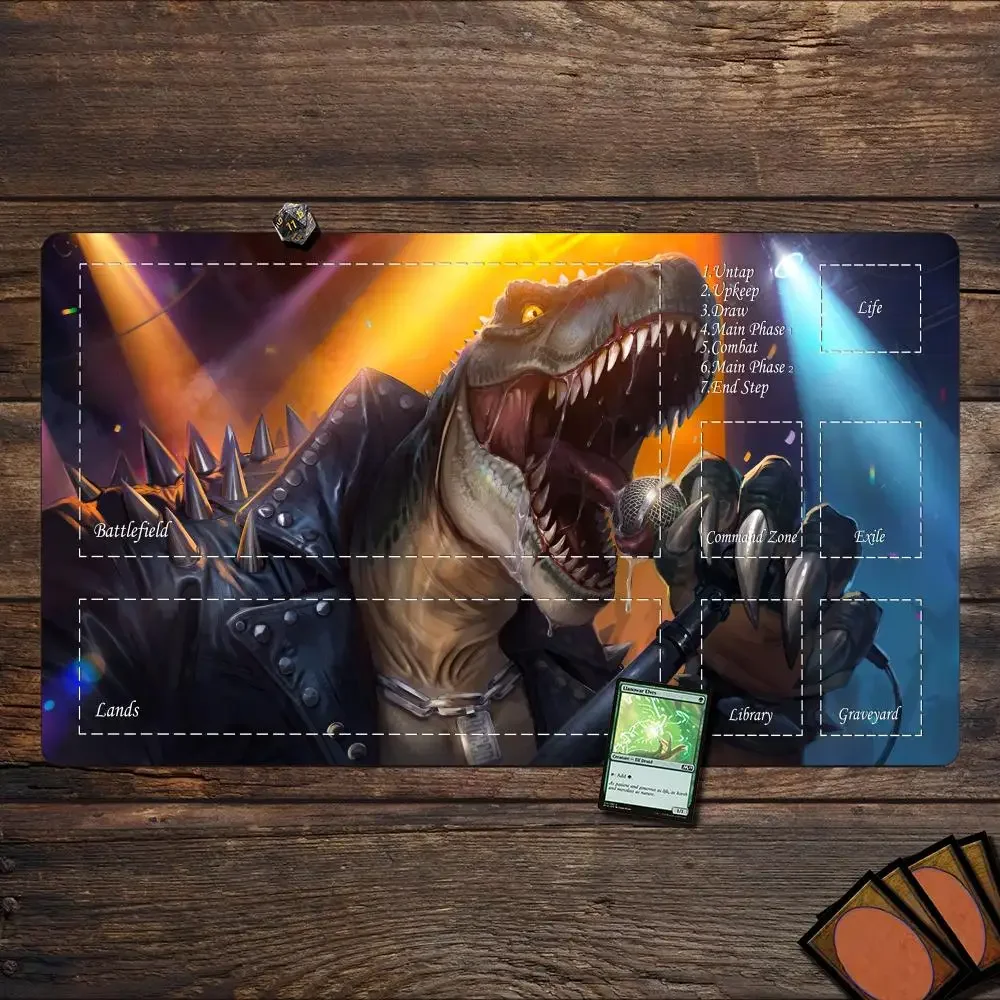 Magic Card Gaming Mat with Zone Tyrannosaurus Rex Rock Singer MTG Playmat Commander Playmat Suitable for Family Gatherings