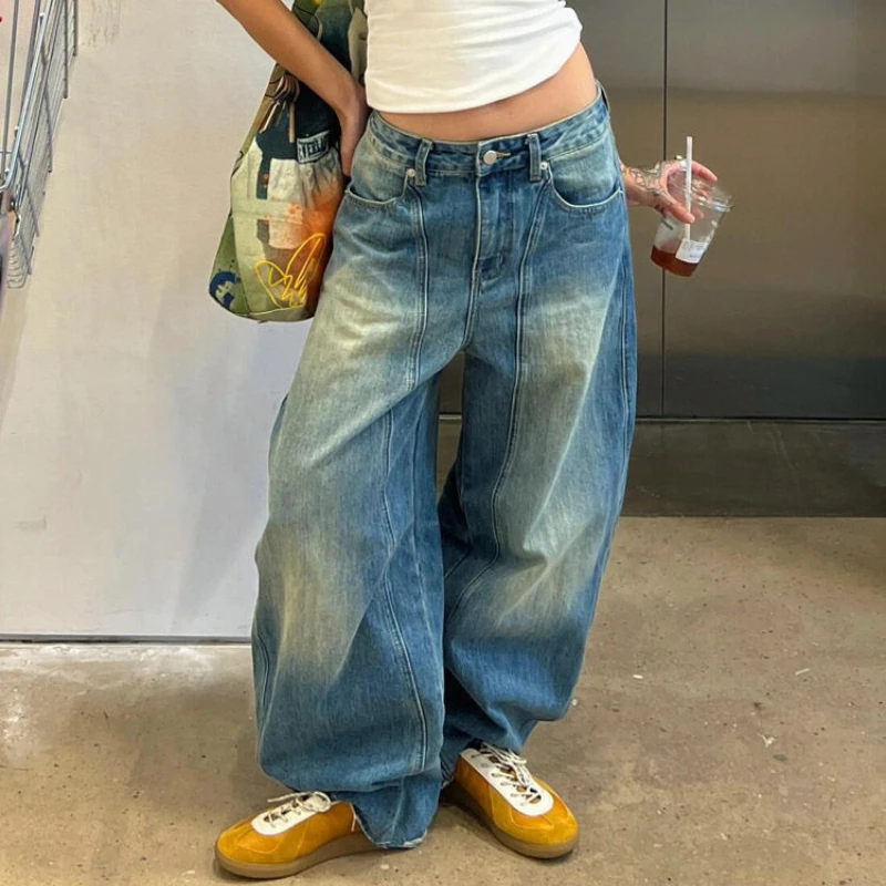 Deeptown Vintage Oversized Blue Jeans Woman Y2k Casual America Retro Baggy Denim Pants Basic Harajuku Wide Leg Trousers Summer