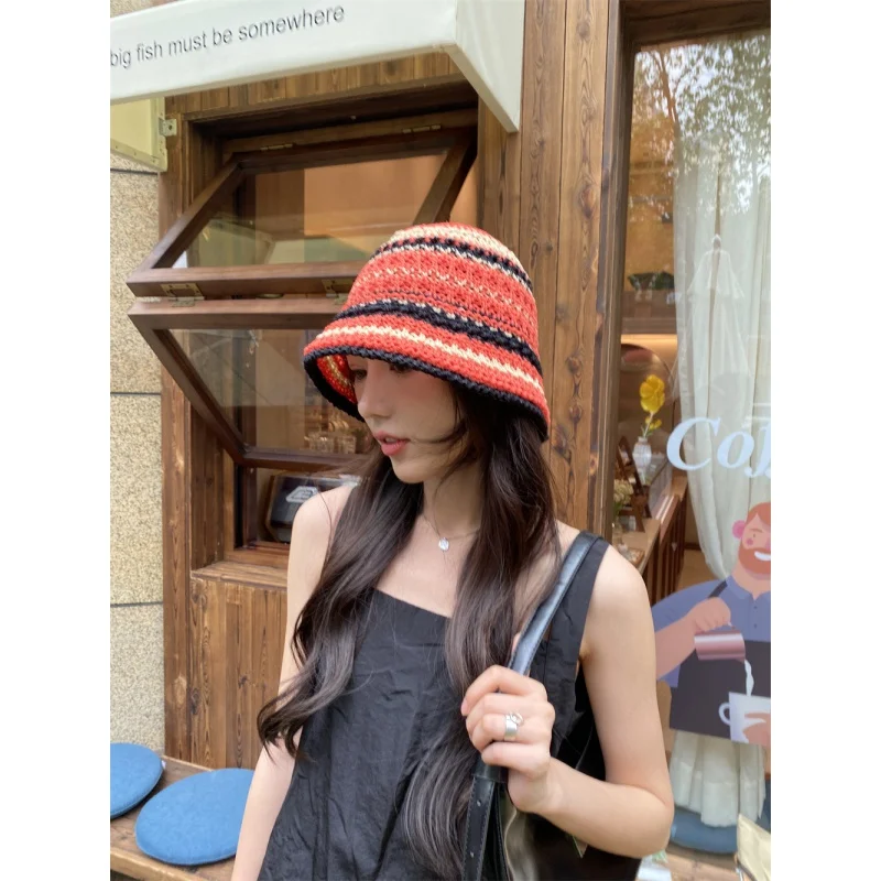 Korean Spring and Summer Thin Handmade Knitted Fisherman Hat Striped Soft Top Bucket All-Match -Proof Travel Sun