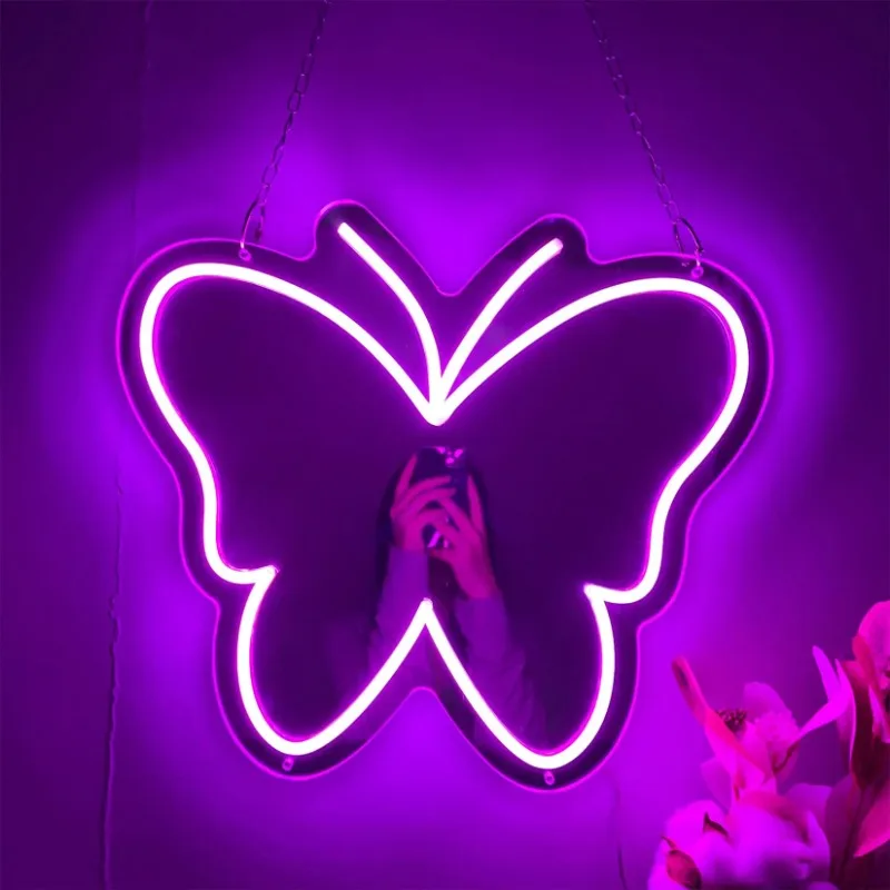 Butterfly Mirror LED Neon Sign Dimmable Acrylic Mirror Light Signs for Wall Decor USB Mirror Neon Light for Bedroom Dresser