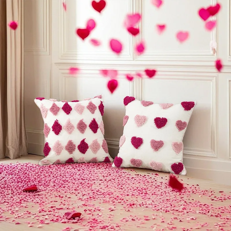 Pink Heart Pattern Pillowcase Cover for Living Room Bedroom And Car Universal Soft Fabric Cushion Protector
