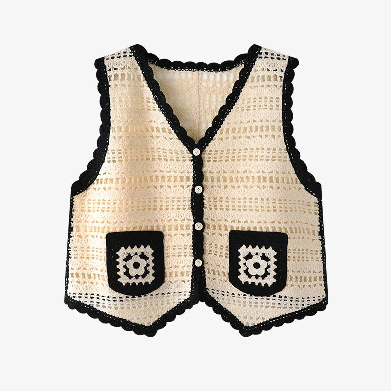 Women's Boho Crochet Vest Contrast Trim Button Up Open-knit Crop Top Waistcoat Top Summer Retro Boho Vacation Outfit