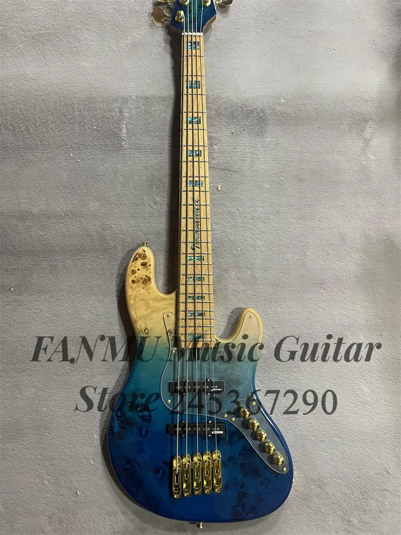 Blue bass 5 strings electric bass Burl maple top ash wood body roasted maple neck gold bridge active battery