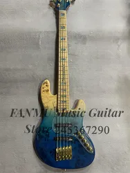 Blue bass 5 strings electric bass Burl maple top ash wood body roasted maple neck gold bridge active battery