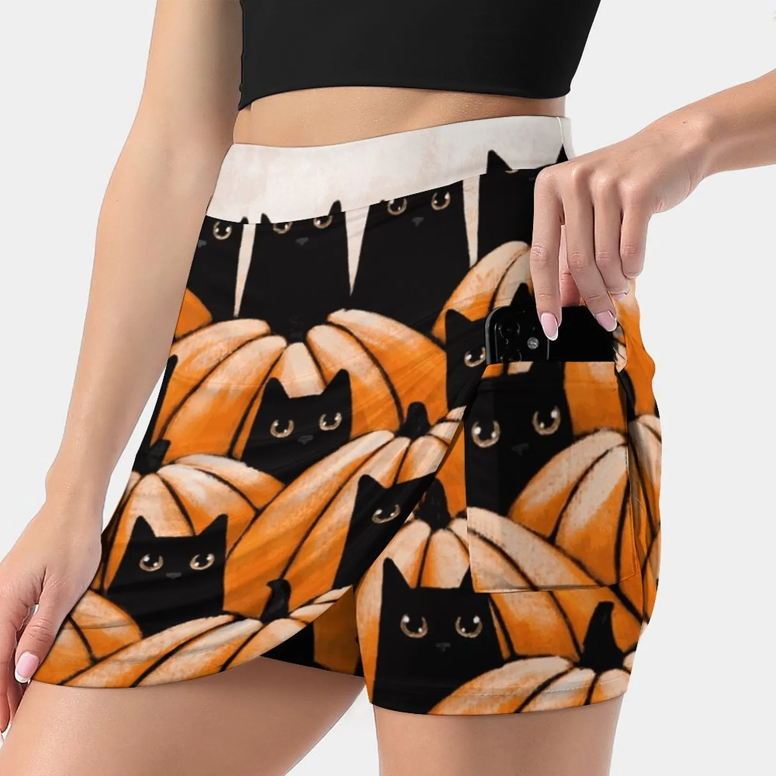 

Black Cats In The Pumpkin Patch Summer Women'Sshorts Skirt 2 In 1 Fitness Yoga Skirt Tennis Skirts Original Cat Folk Art