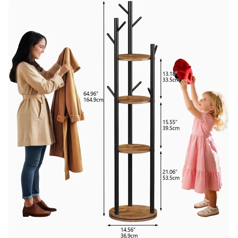 Rotary Coat Rack reestanding Metal Coat Hall Tree Stand with 4 Tiers StoraDisplay Shel and 9 Hooks or Entryway edroom Oice Garme