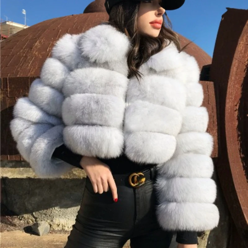 Short Lapel Imitation Fox Hair Coat Cross-border European American Imitation Fur Jacket Long-sleeved Splicing Girls Light Luxury