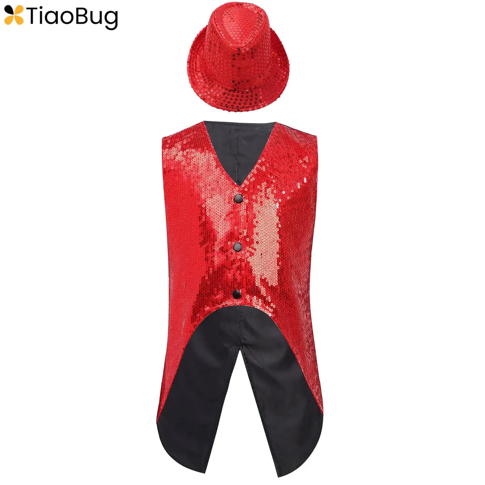 

Kids Girls Boys Tuxedo Shiny Sequins Vest Waistcoat Sleeveless Formal Suit Jacket Outerwear+Hat 5Pcs for Jazz Dance Performance