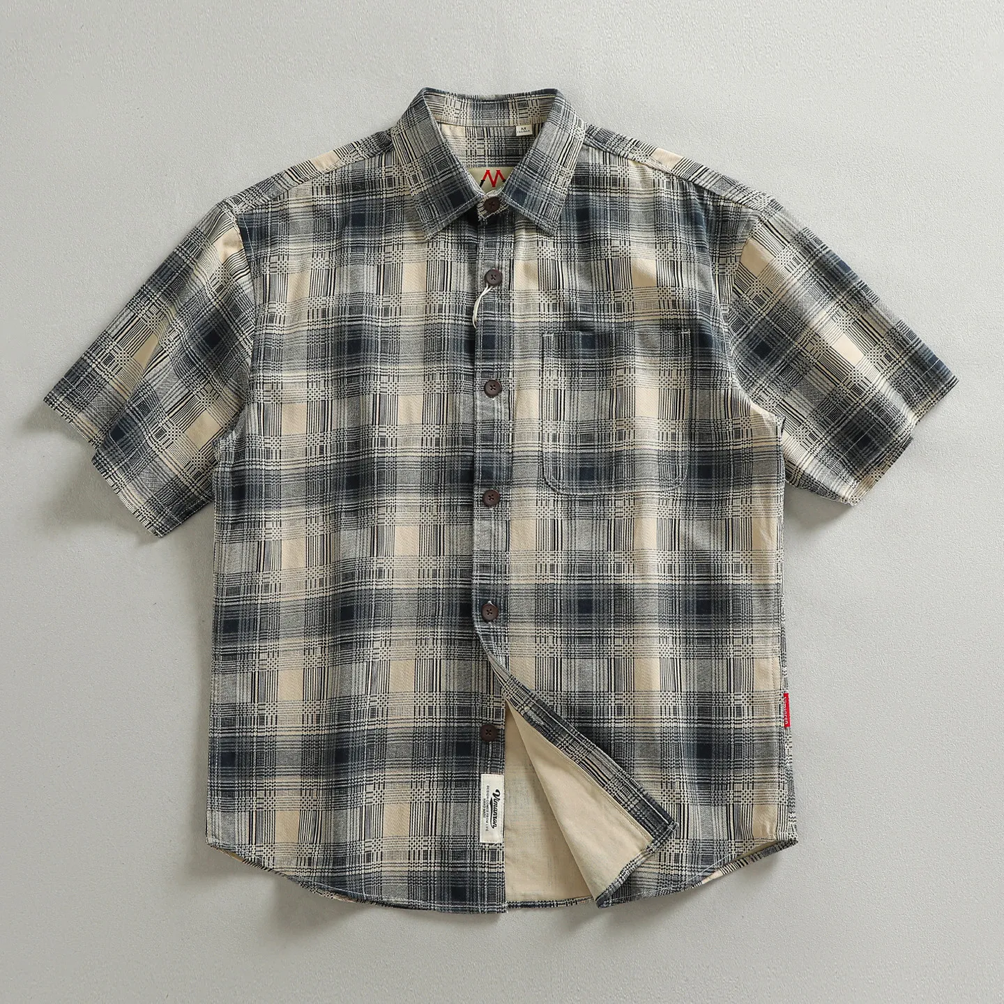 100% cotton woven washed American retro short-sleeved shirt men's summer contrast plaid shirt
