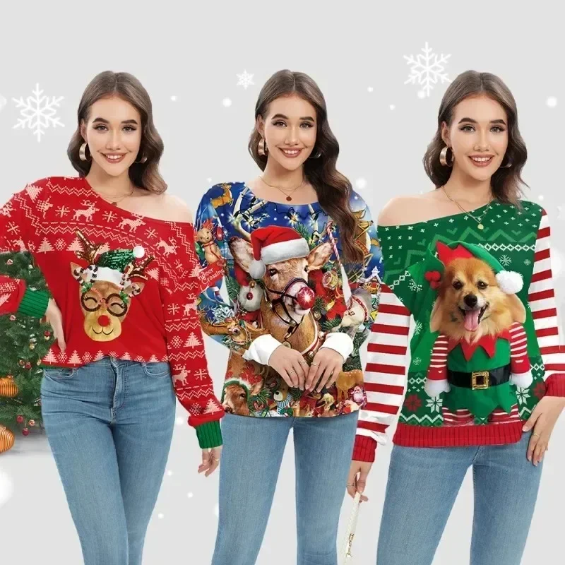 Ugly Christmas Sweatshirt Sweater Slanted Shoulder Sexy Christmas Puppy Printi Women Tracksuit Fancy Dress Party Cosplay Costume