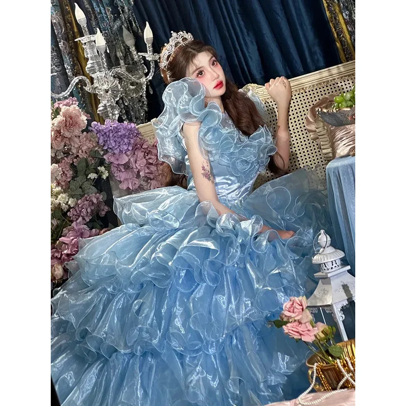 Милое синее свадебное платье Лолиты в стиле Лолиты, платья принцессы для дня рождения, женское шикарное платье с бантом из бисера и рюшами по краям, большое распашное платье для торта