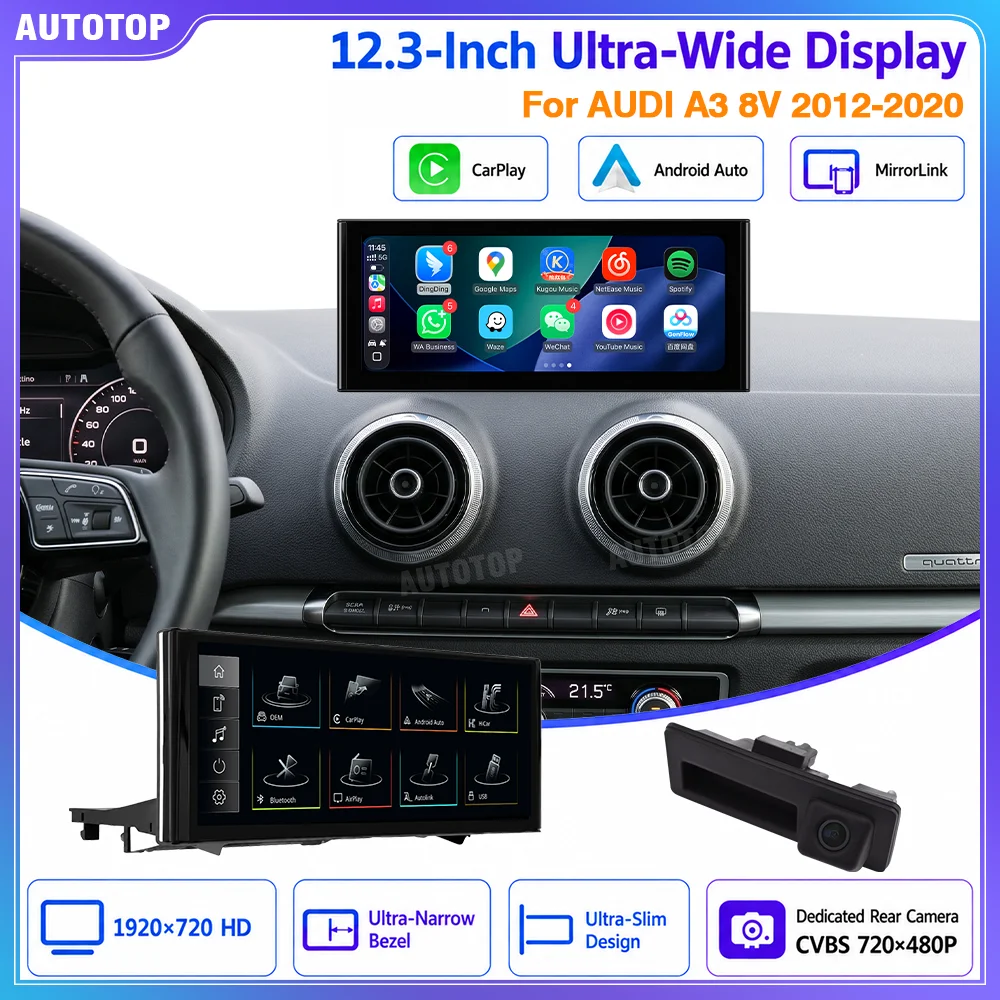 AUTOTOP 10.25/12.3-inch Linux Navigation Screen for Audi A3 8V A3 S3 2012-2020 1920x720 QLED Wireless CarPlay Android Auto Bluetooth AUX USB Video MIB3 Style Interface OEM System Retention Seamless