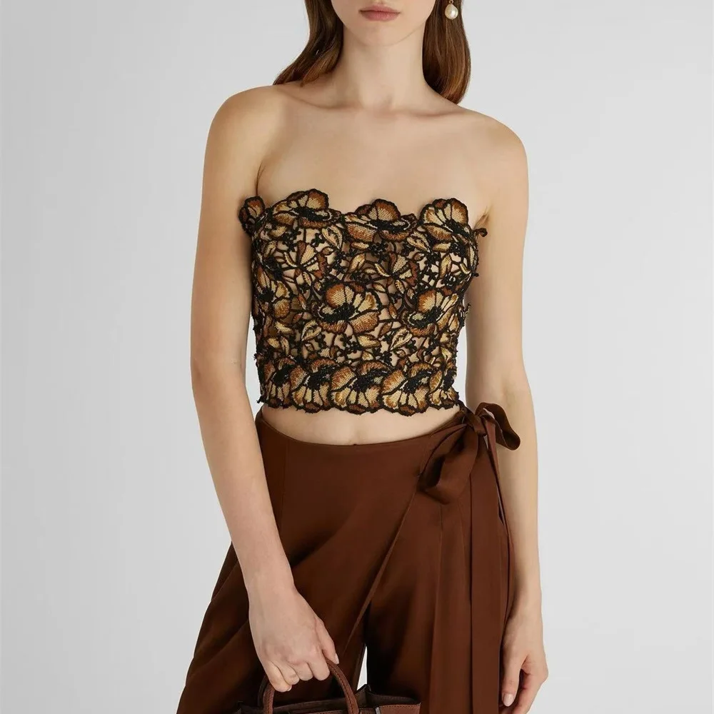 2025 Women's Top Vest, Mesh Embroidery Corset, Sexy, Strapless, Y2K Style, New Fashion, High Quality, Top + Skirt 2-Piece Set