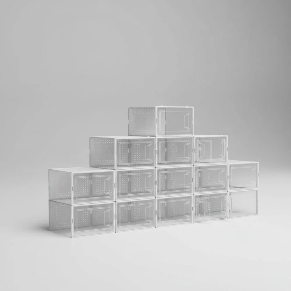 

12-упаковка больших прозрачных пластиковых коробок-органайзеров для обуви, штабелируемые контейнеры для хранения с крышками для экономии места в шкафу