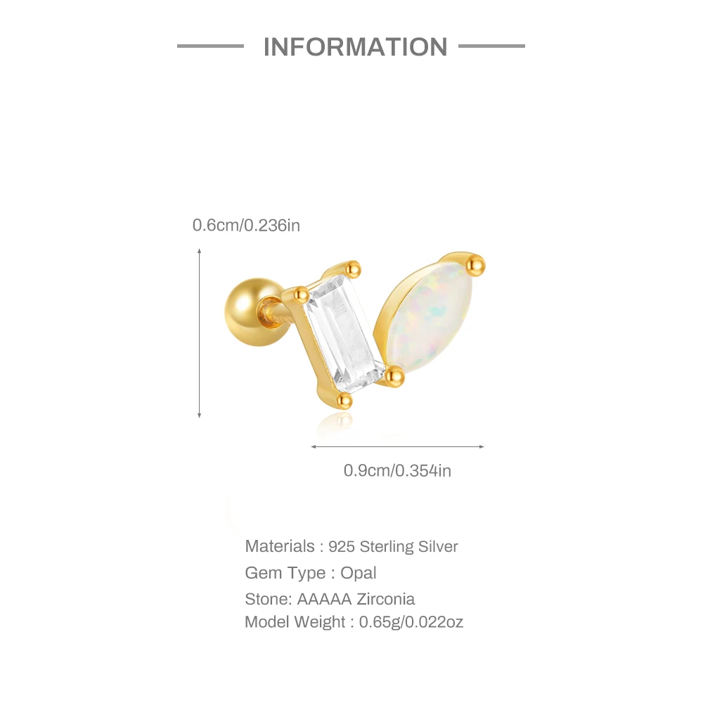 CANNER 1PC S925 Sterling Silver Opal Zircon Threaded Cartilage Piercing Stud Earring for Women Jewelry Gifts Brincos Pendientes