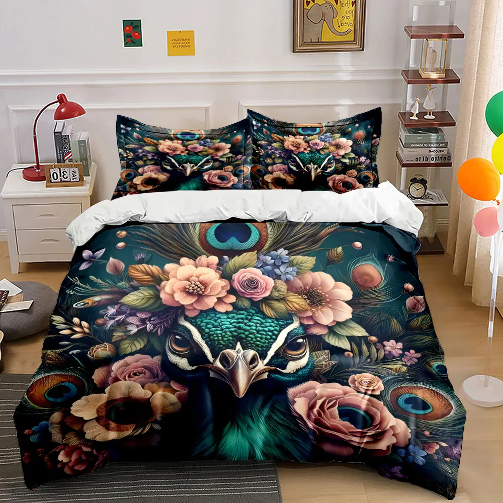 Elegant Peacock with Floral Fusion Bedding Set for Kids Luxury Gift 3pcs Digital Print Comforter Set Soft Comfortable Breathable