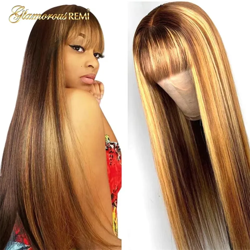 

Ombre Brown Highlight Straight Human Hair Wigs With Bangs Brazilian Blonde Glueless Highlight Straight Human Hair Wigs For Woman