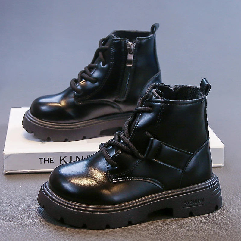 

Children Platform Ankle Boots New Round-toe Black Boots for Girl Solid Color Causal Kids Fashion Short Leather Boots Side Zipper