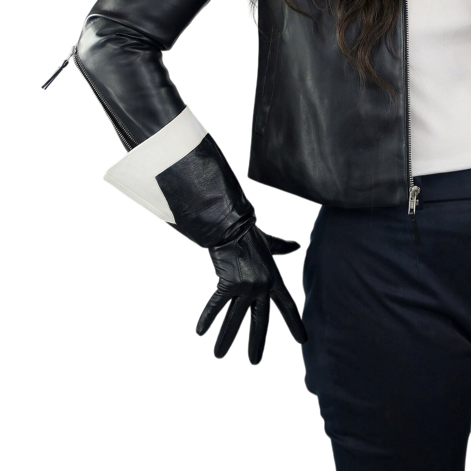 

DooWay Unisex Black White Real Leather Gloves Elbow Long Oversize Wide Large Puff Sleeve Evening Christmas Costume Fashion Glove