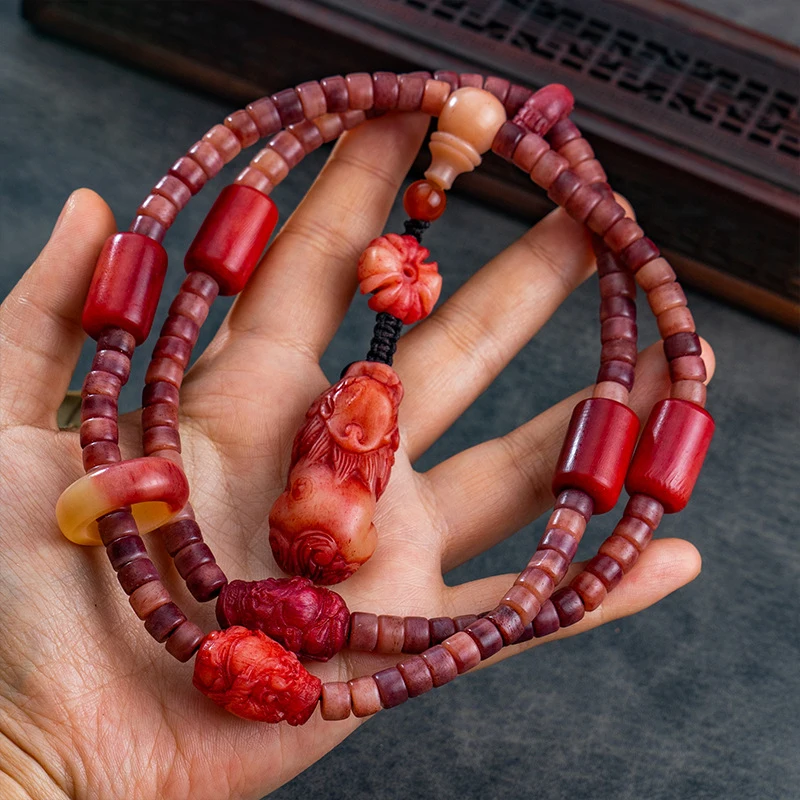 

Purple Bone Buddhist Beads 108 Pieces, Semi-Red Pixiu Pendant, Barrel Bead, Cloud Back Three-Way Connector, Running Ring Neck Be