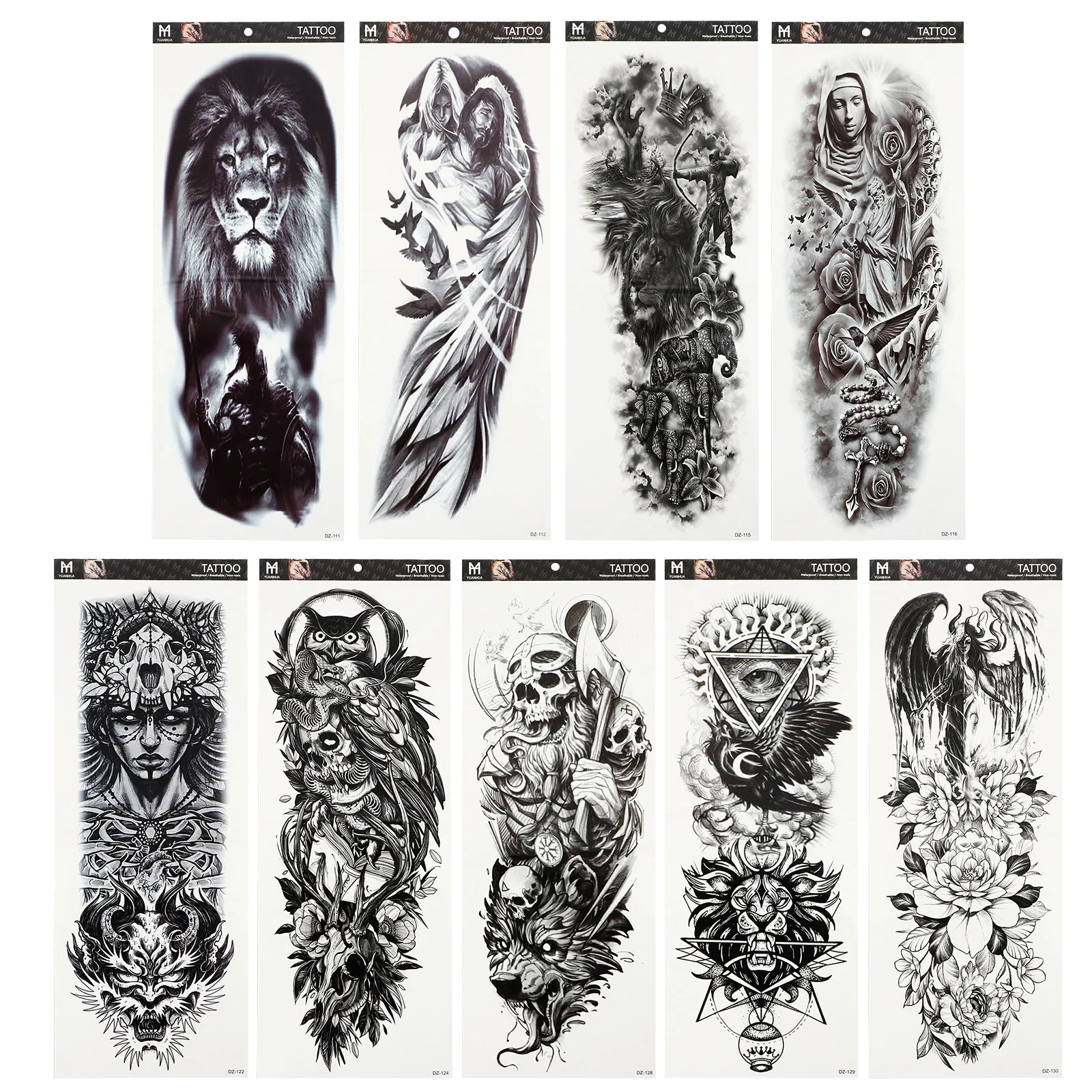 

9 шт. черных водонепроницаемых временных татуировок на всю руку, наклейки-рукава, имитация тату, временные наклейки на руку