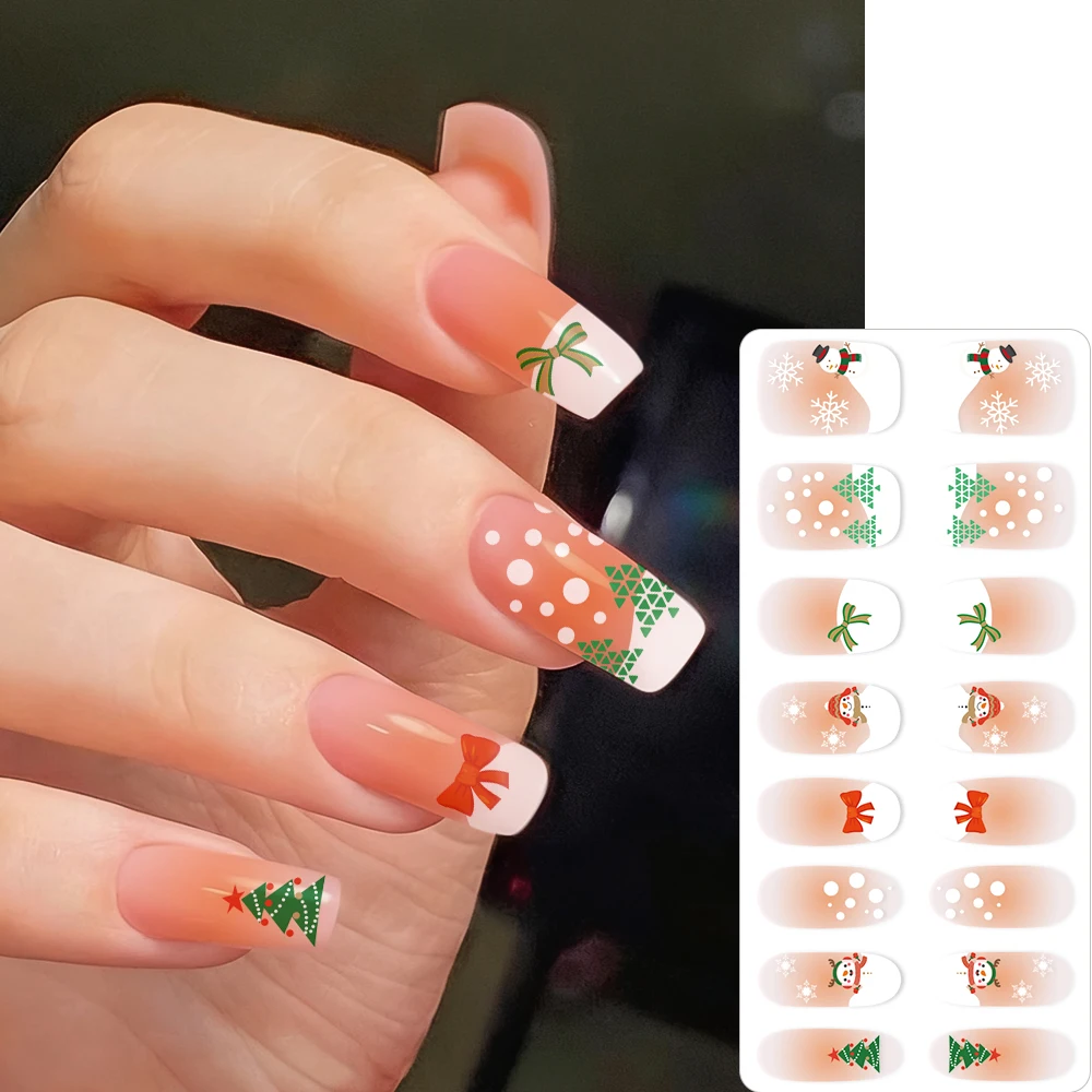 1장(16팁) 크리스마스 풀 커버 셀프 접착 네일 스티커 귀여운 산타클로스 눈송이 크리스마스 트리 디자인 네일 폴리시 스트립