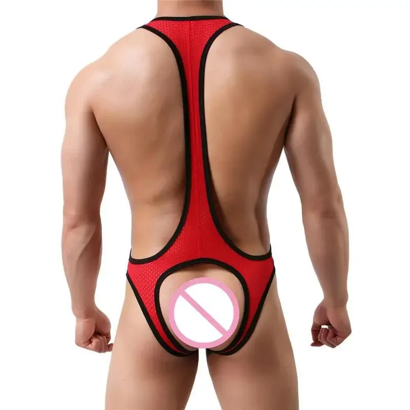 Men Underwear Backless Open Butt Bodysuit Sexy Mesh Breathable Jumpsuit One-piece Wrestling Singlet Leotard Jockstrap Undershirt